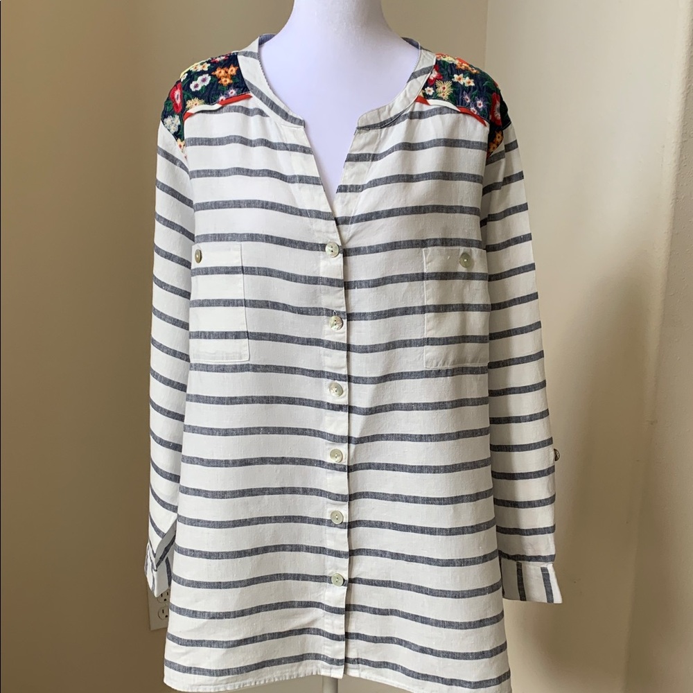 John Mark 100% Linen Floral Embroidered Button Front Blouse Sz. 3X Coastal Boho